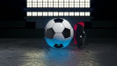 Papua Yeni Gine bayrağı kendi ekseni etrafında dönen bir futbol topu etrafında uçar