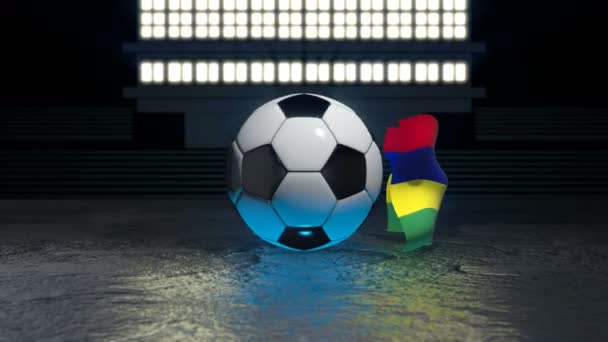 Mauritius Flag Flies Soccer Ball Revolving Its Axis — Stock Video