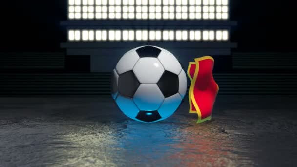 モンテネグロの旗は その軸の周りを回転するサッカーボールの周りを飛ぶ — ストック動画
