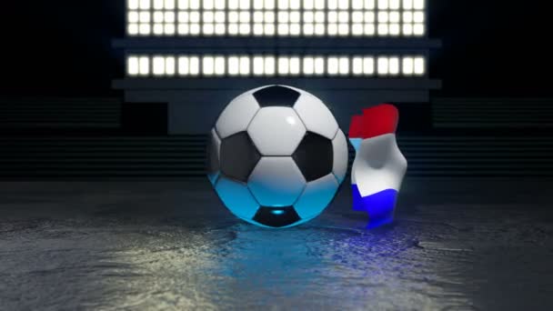 モルドヴィアの旗は その軸の周りを回転するサッカーボールの周りを飛ぶ — ストック動画