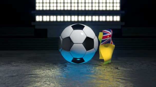 Флаг Ниуэ Развевается Вокруг Футбольного Мяча Вращающегося Вокруг Своей Оси — стоковое видео
