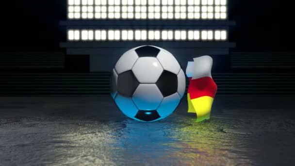 北オセチアの旗は その軸の周りを回転するサッカーボールの周りを飛ぶ — ストック動画