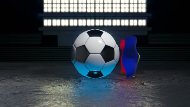 Флаг Румынии Развевается Вокруг Футбольного Мяча Вращающегося Вокруг Оси — стоковое видео