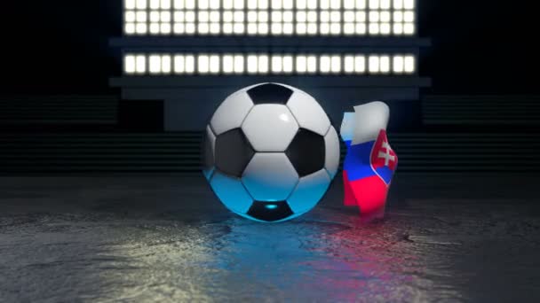 スロバキアの旗は その軸の周りを回転するサッカーボールの周りを飛ぶ — ストック動画