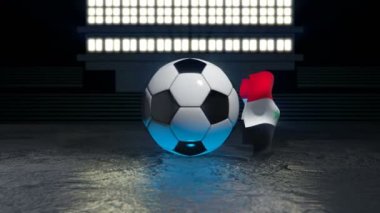 Suriye bayrağı, ekseninin etrafında dönen bir futbol topu etrafında uçar