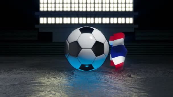 Vlag Van Thailand Vliegt Rond Een Voetbal Dat Draait Zijn — Stockvideo