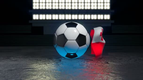 トンガの旗は その軸の周りを回転するサッカーボールの周りを飛ぶ — ストック動画