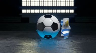 Uruguay bayrağı onun ekseni etrafında dönen bir futbol topu etrafında uçar