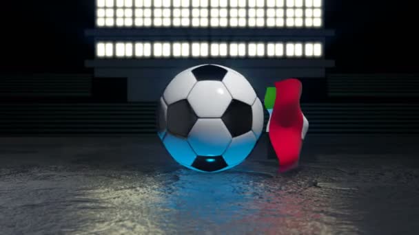 アラブ首長国連邦の旗は その軸の周りを回転するサッカーボールの周りを飛ぶ — ストック動画