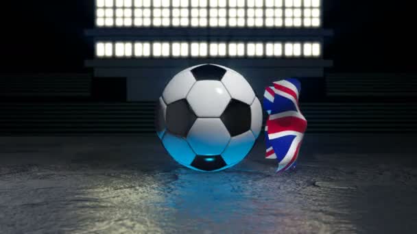 United Kingdom Flag Flies Soccer Ball Revolving Its Axis — Αρχείο Βίντεο