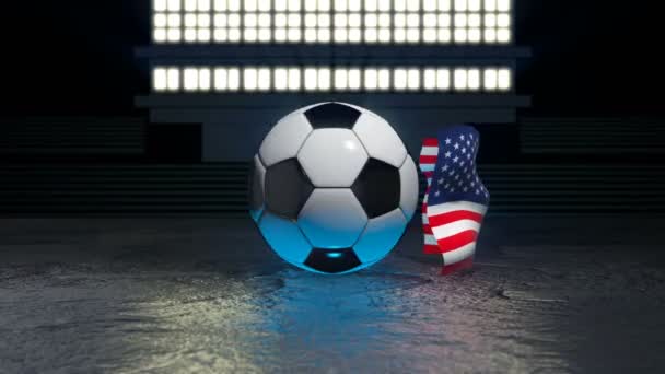 Bandeira Dos Estados Unidos Voa Torno Uma Bola Futebol Girando — Vídeo de Stock