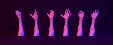  koyu bir arka plan üzerinde neon ışık eller çok, 3d illüstrasyon