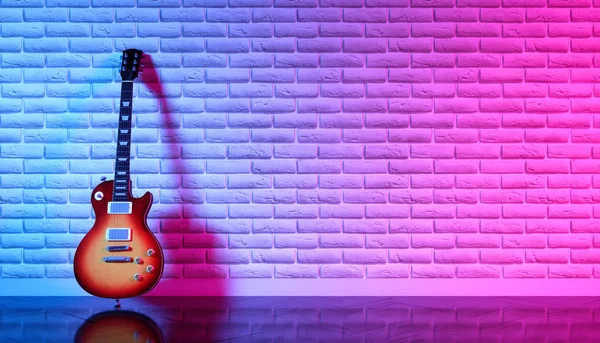 Electric guitar against a brick wall in neon light, 3d illustration