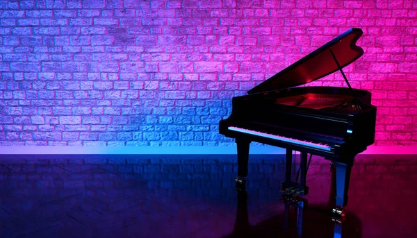 Pianoforte Nero Studio Illuminazione Neon Illustrazione — Foto Stock