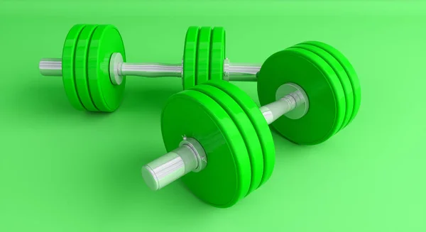 Groene Dumbbells Een Groene Achtergrond Close Illustratie — Stockfoto