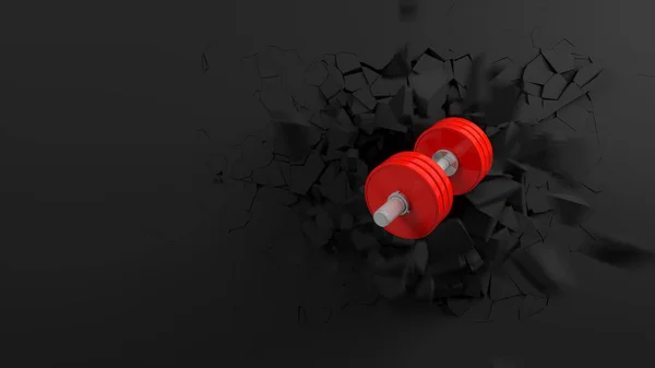 黒い壁の裂け目から飛び出す赤いダンベル 3Dイラスト — ストック写真