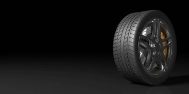 Siyah arka planda siyah tekerlekler, 3 boyutlu resimleme