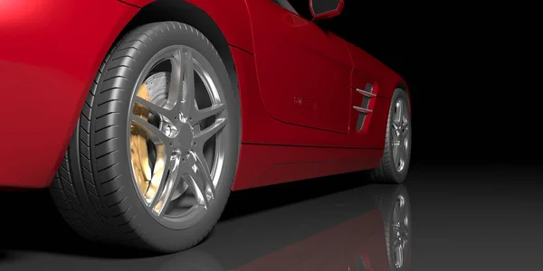 黑色底座上的红色轿车 3D插图 — 图库照片