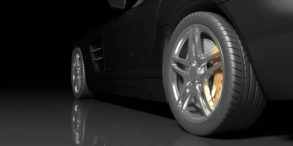黑色底座上的黑色轿车 3D插图 — 图库照片