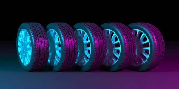 ネオンライトの黒い背景に黒い車輪 3Dイラスト — ストック写真