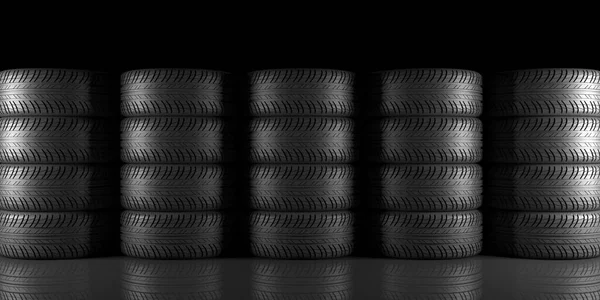 black wheels on a black background, 3d illustration