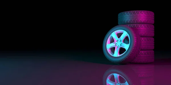 black wheels on a black background in neon lighting, 3d illustration