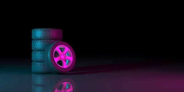 black wheels on a black background in neon lighting, 3d illustration