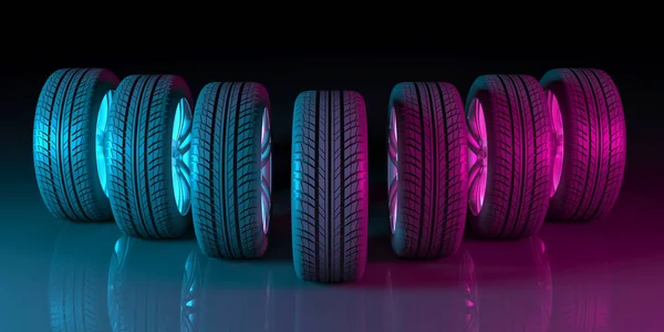 black wheels on a black background in neon lighting, 3d illustration