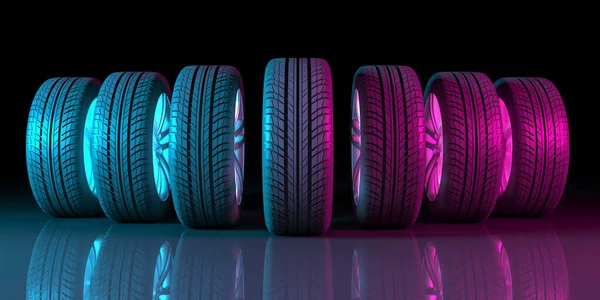 霓虹灯下黑色背景上的黑色轮子 3D插图 — 图库照片