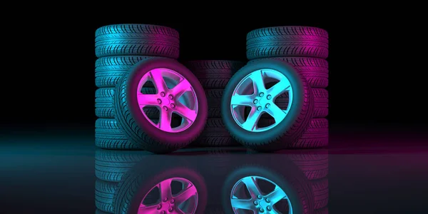 black wheels on a black background in neon lighting, 3d illustration