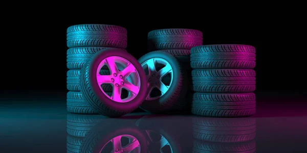 black wheels on a black background in neon lighting, 3d illustration