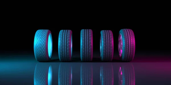 black wheels on a black background in neon lighting, 3d illustration