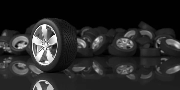 黑色底座上的黑色轮子 3D插图 — 图库照片