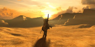 Fil gün batımına karşı ve güzel sarı gökyüzü, 3 boyutlu illüstrasyon