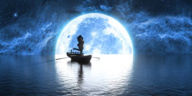 Erkek ve kadın büyük bir dolunayın arka planında bir teknede öpüşüyorlar.