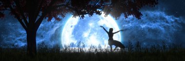 Büyük bir dolunayın arka planında dans eden kadın, üç boyutlu resim.