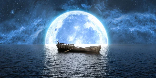 Boot Auf Dem Hintergrund Eines Großen Vollmondes Illustration — Stockfoto