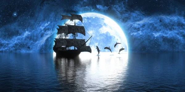 Schiff Und Eine Schar Tobender Delfine Vor Dem Hintergrund Eines — Stockfoto