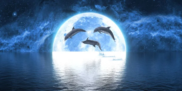 Grupo Golfinhos Pulando Para Fora Água Contra Fundo Lua Grande — Fotografia de Stock