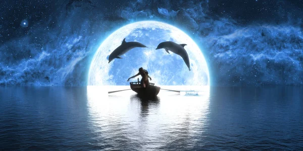 Дельфины Прыгают Через Лодку Танцующей Женщиной Фоне Луны Иллюстрация — стоковое фото