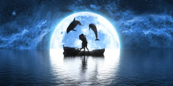 Два Дельфіни Стрибають Через Човен Поцілунками Людей Фоні Місяця Ілюстрація — стокове фото