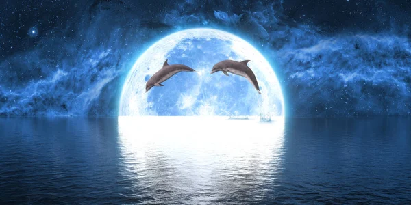 Grupo Golfinhos Pulando Para Fora Água Contra Fundo Lua Grande — Fotografia de Stock