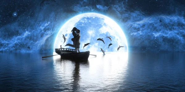 Чоловік Жінка Цілуються Фоні Місяця Грають Дельфінів Ілюстрації — стокове фото