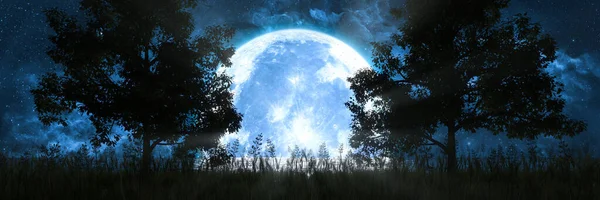 Sylwetka Drzewa Tle Księżyca Odbitego Oceanie Ilustracja — Zdjęcie stockowe