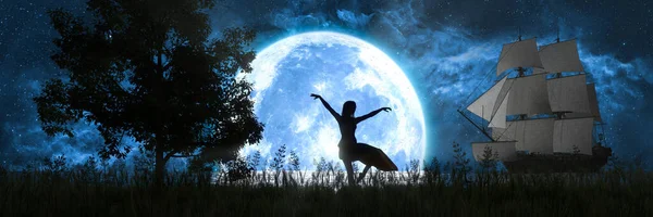 Силует Жінки Танцює Фоні Місяця Корабля Ілюстрація — стокове фото