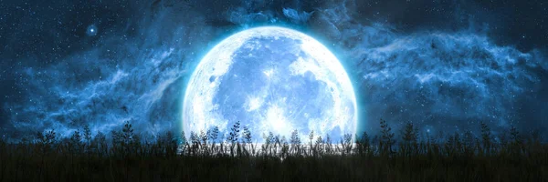Luna Mare Apune Peste Orizontul Oceanului Luminează Iarba Țărm Ilustrație — Fotografie, imagine de stoc
