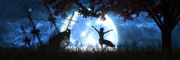 silhouette of a dancing woman against the background of the moon and a flooded old ship, 3d illustration