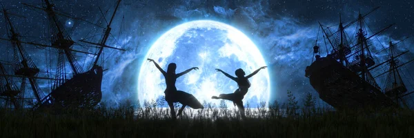 silhouettes of dancing women against the background of the moon and flooded old ships, 3d illustration