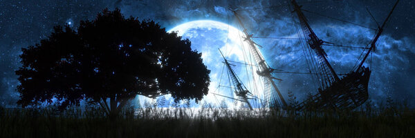 Sunken ship on the background of a large full moon, 3d illustration