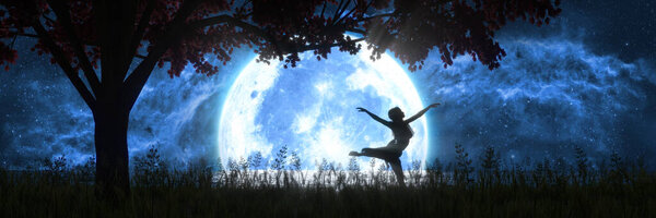 Woman dancing on the background of a large full moon, 3d illustration